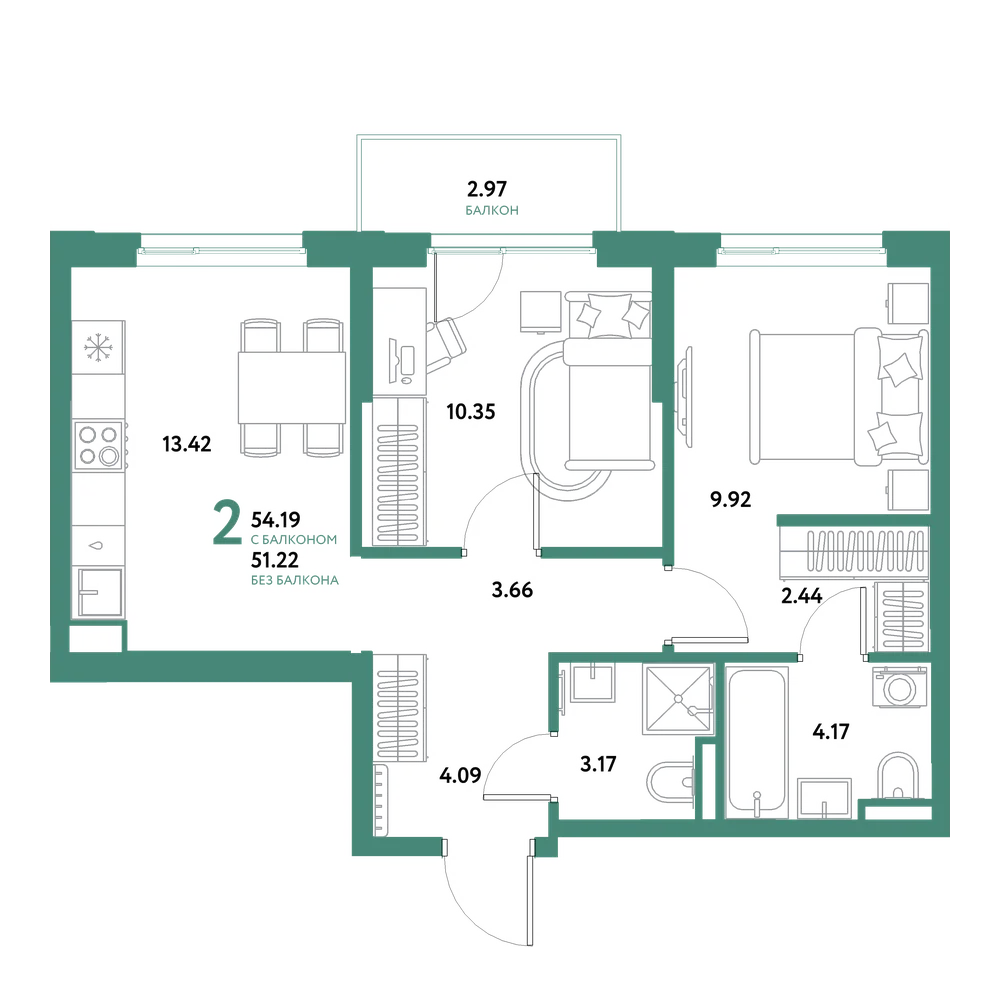 Планировка: 2-комнатная 54,19 м²
