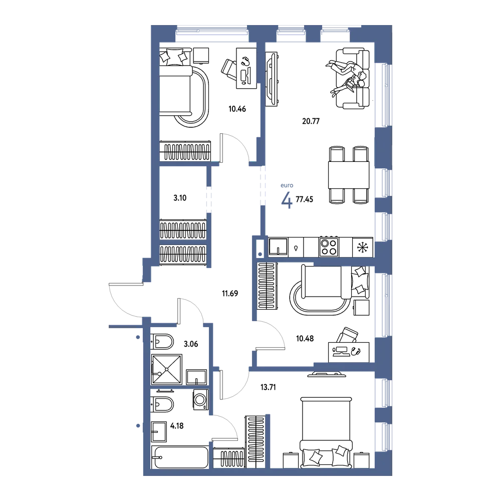Планировка: Евро-4 77,45 м²