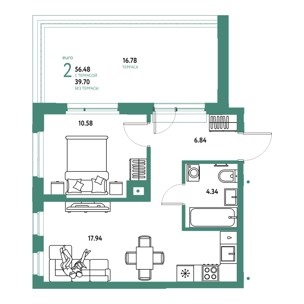 Планировка: Евродвушка 56,48 м²