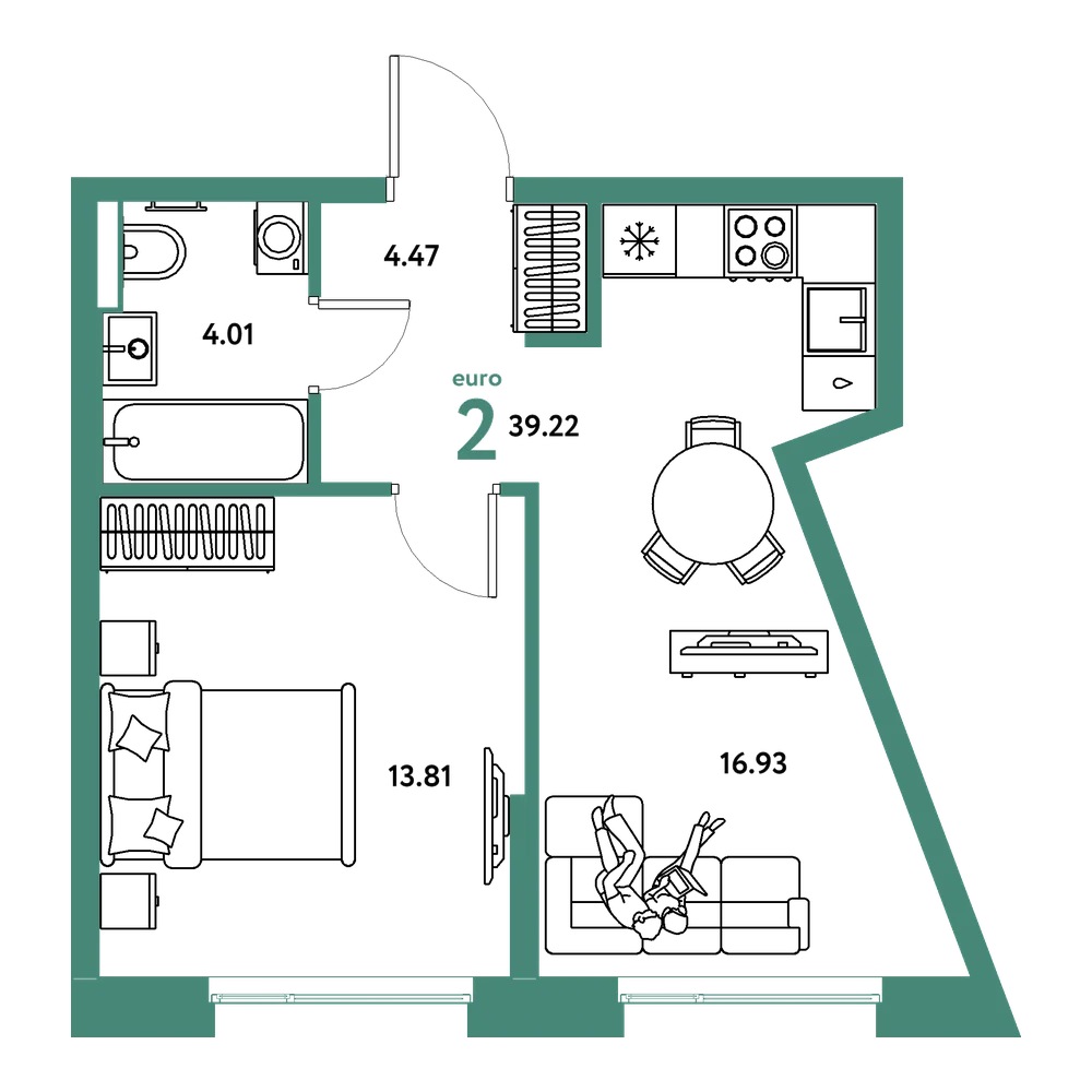 Планировка: Евродвушка 39,31 м²