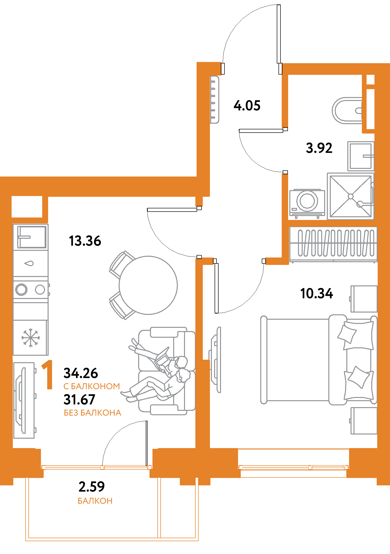 Планировка: 1-комнатная 34,26 м² в ЖК «Остров-сад»
