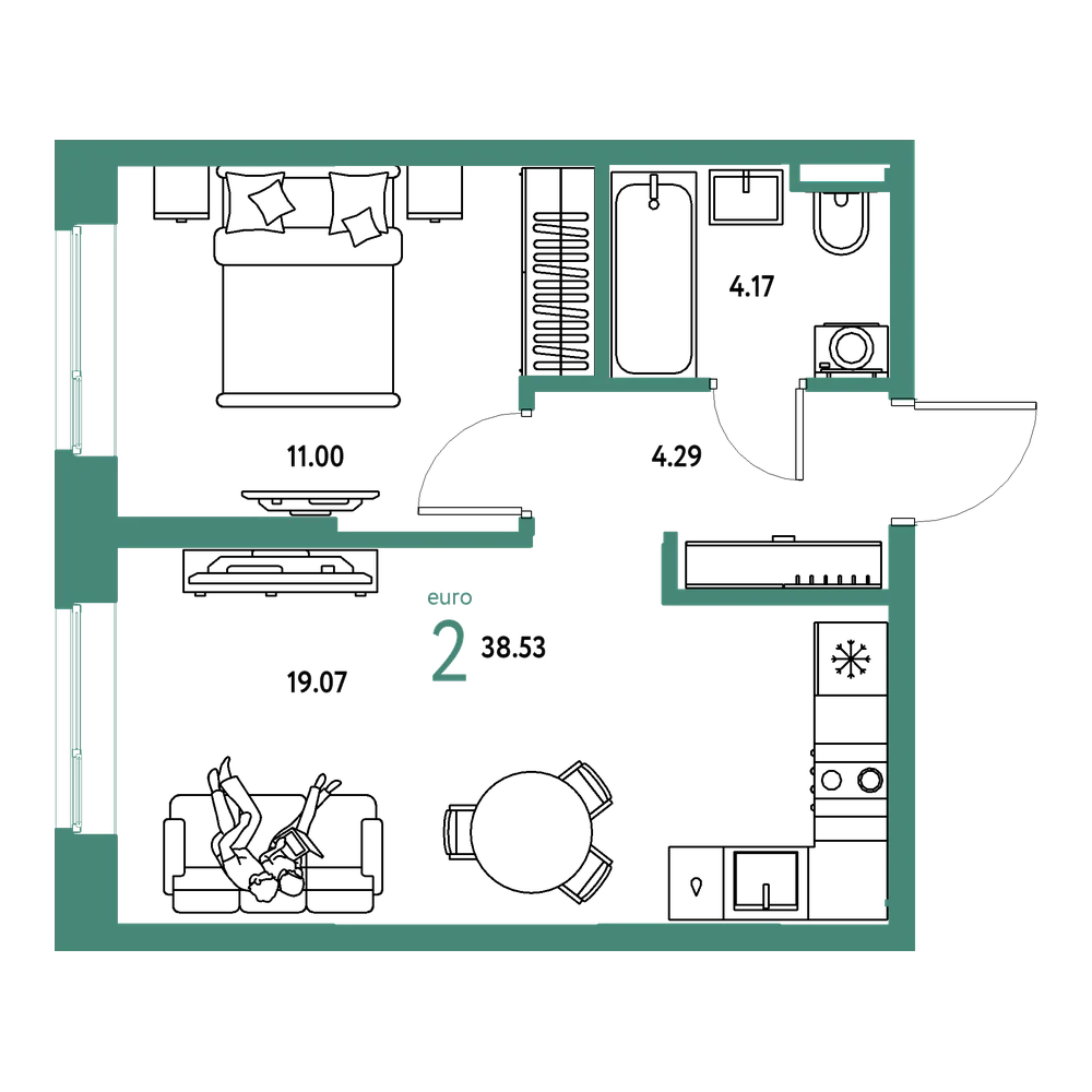 Планировка: Евродвушка 38,53 м²