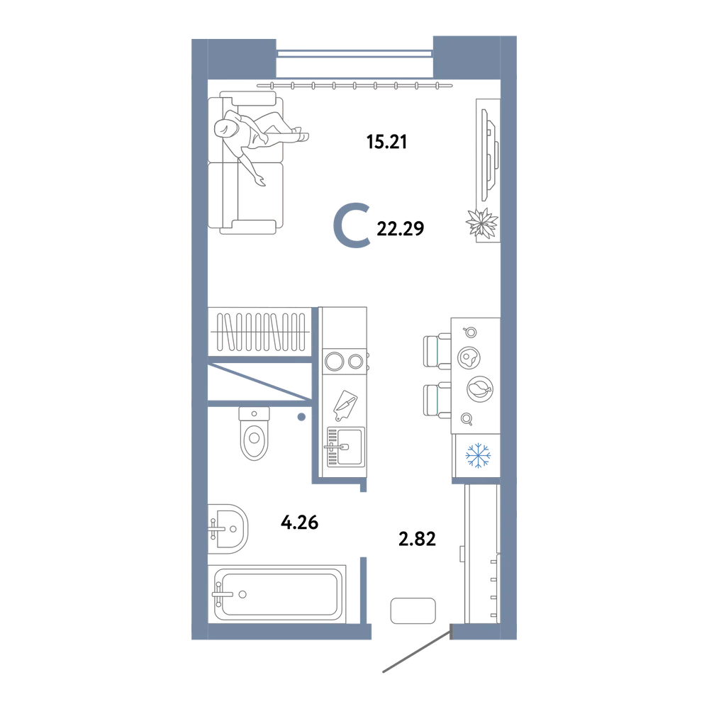 Планировка: Студия 22,29 м²