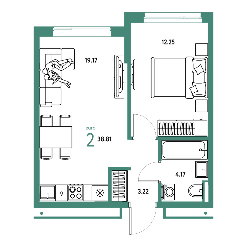 Планировка: Евродвушка 38,81 м²