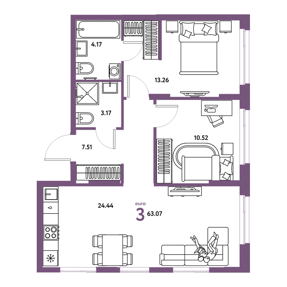 Планировка: Евротрёшка 63,07 м²