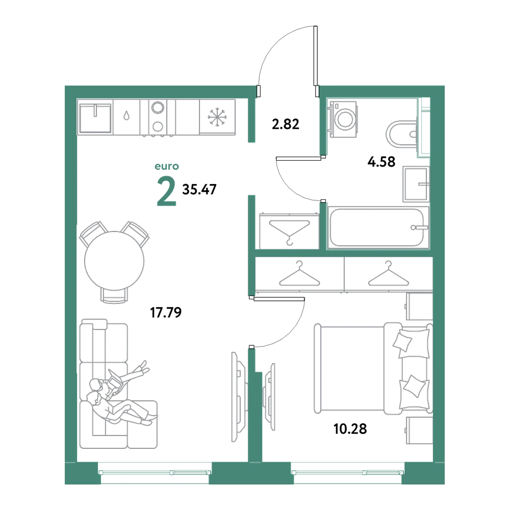 Планировка: Евродвушка 35,47 м²
