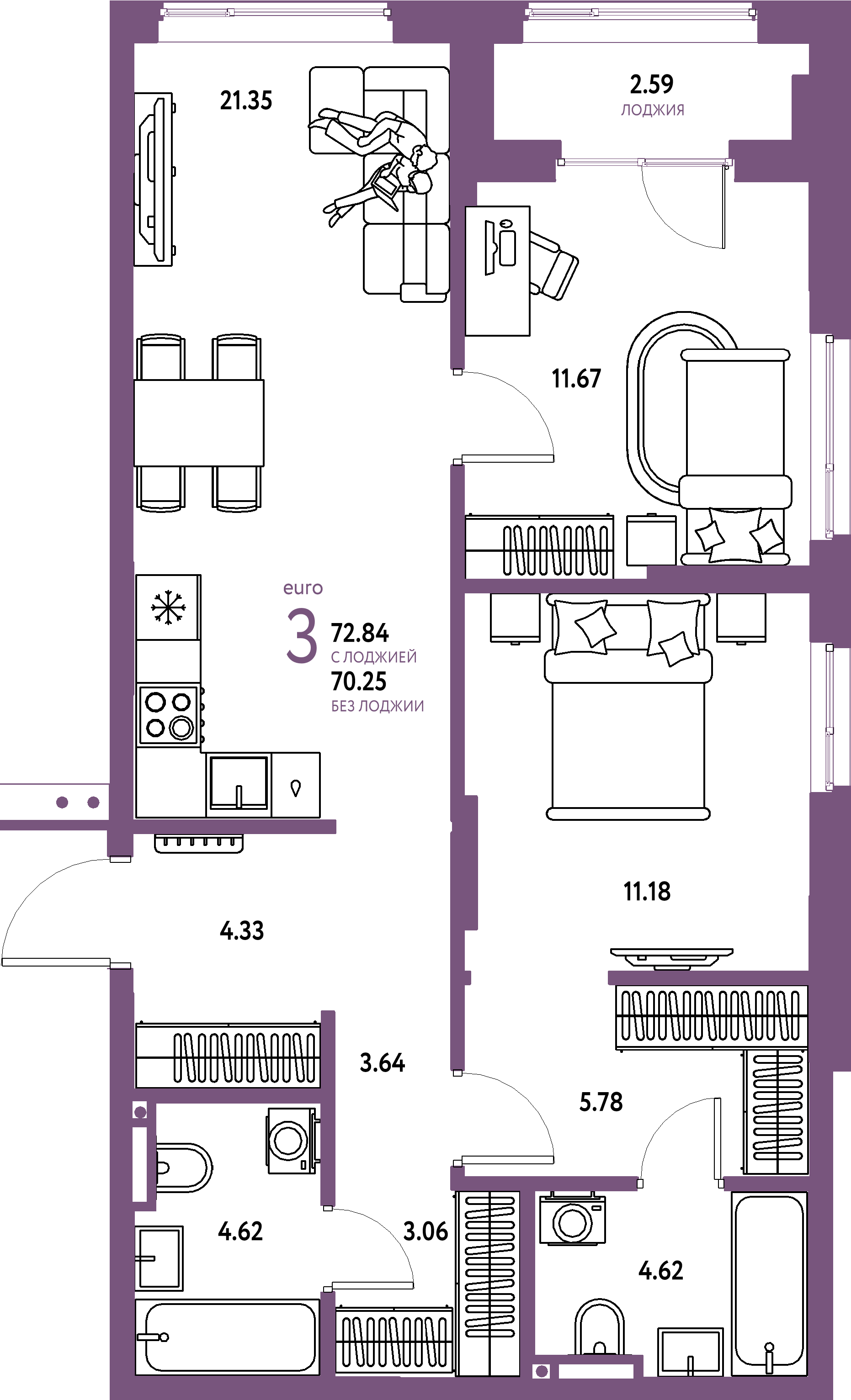 Планировка: Евротрёшка 72,84 м² в ЖК «Страна.Прибрежная»