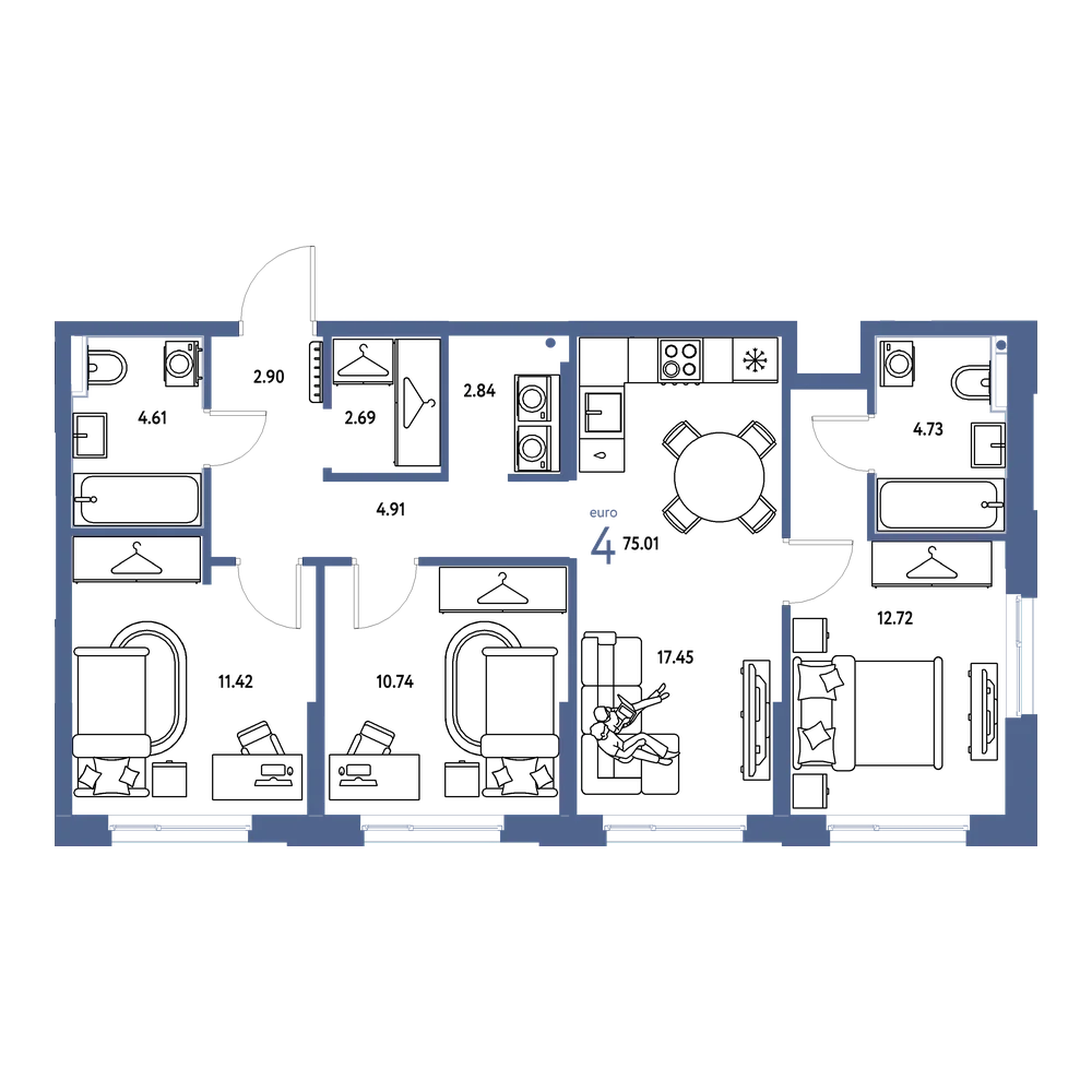 Планировка: Евро-4 75,01 м²