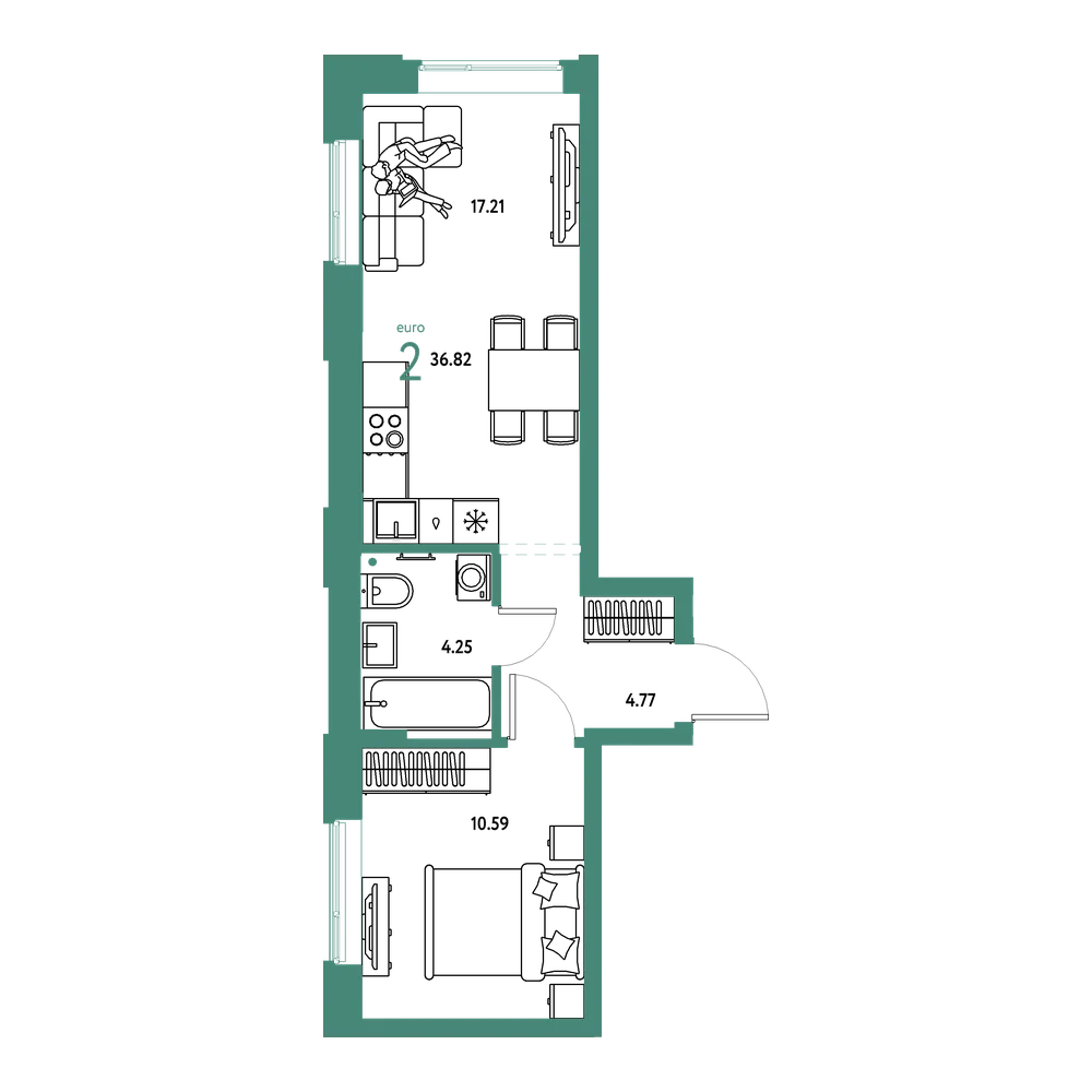 Планировка: Евродвушка 36,82 м²