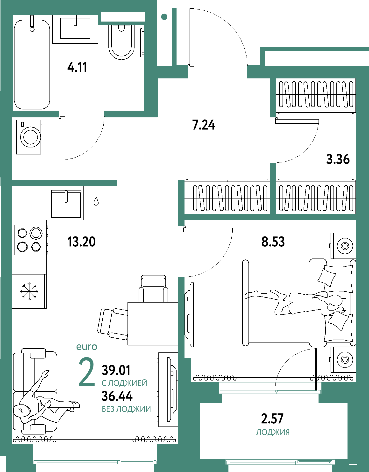 Планировка: Евродвушка 39,01 м² в ЖК «Домашний»