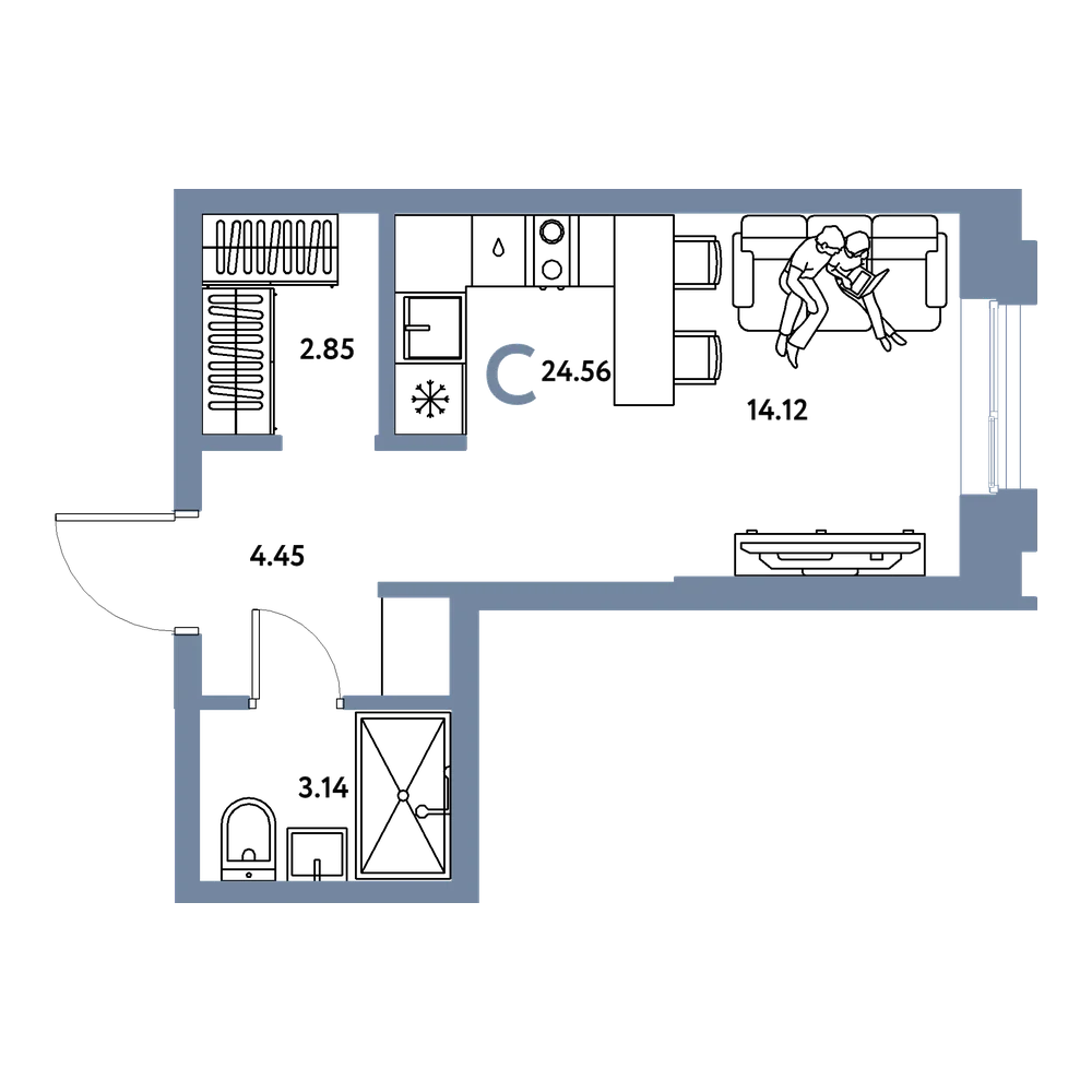 Планировка: Студия 24,56 м²