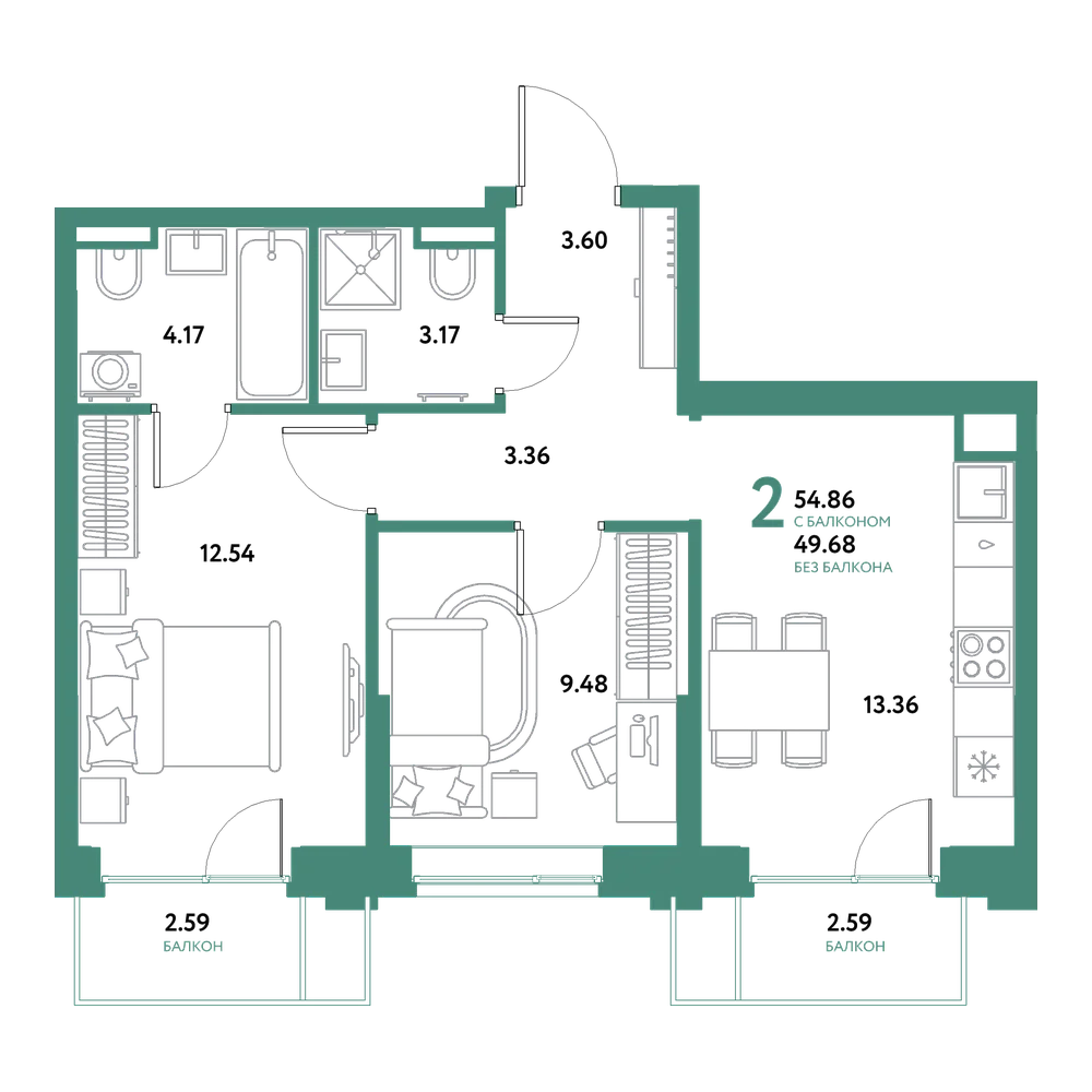 Планировка: 2-комнатная 54,86 м²