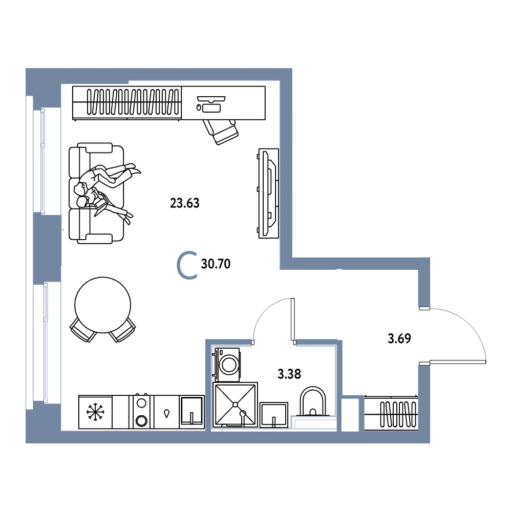 Планировка: Студия 30,7 м²
