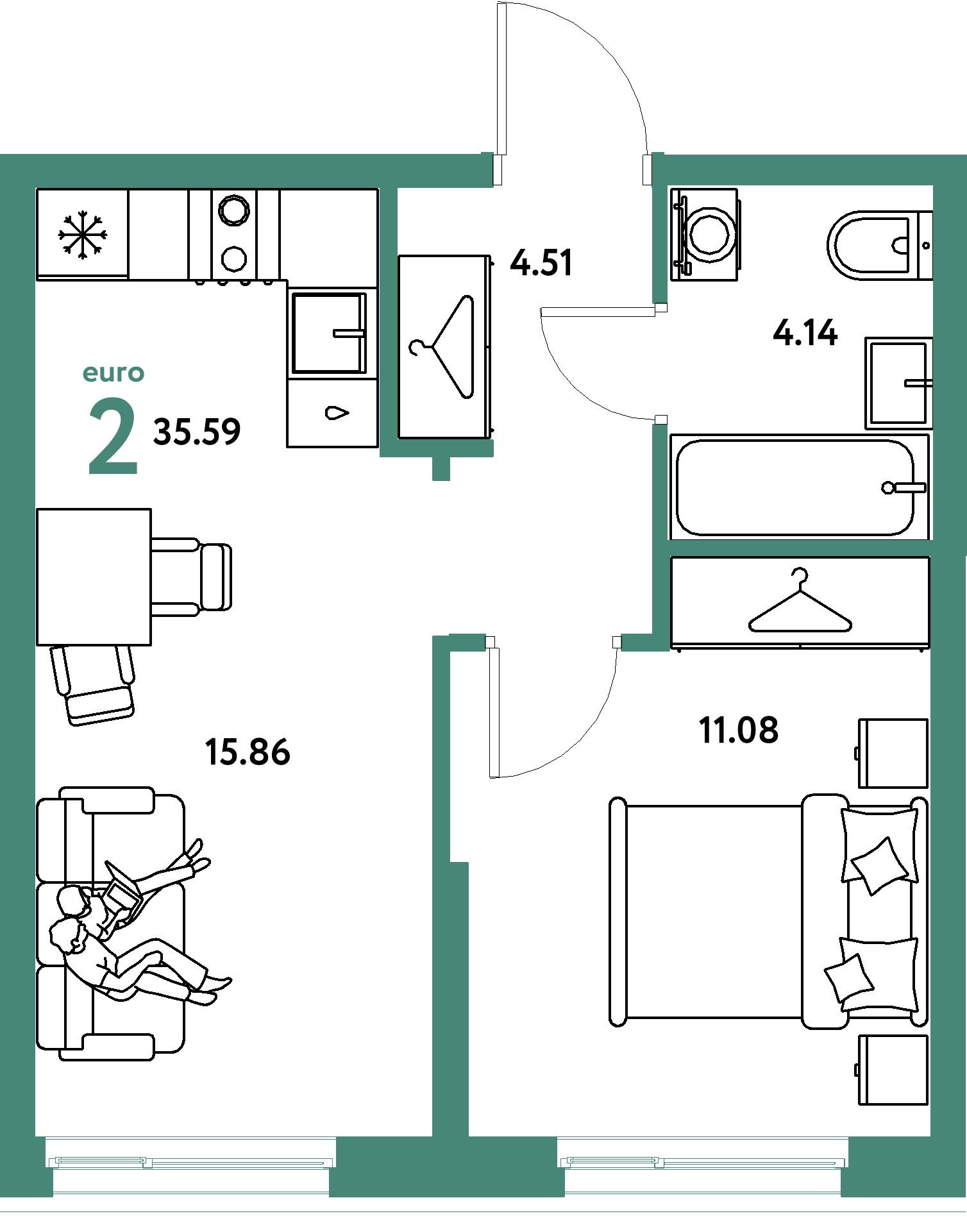 Планировка: Евродвушка 35,59 м² в ЖК «Европейский берег 2.0»