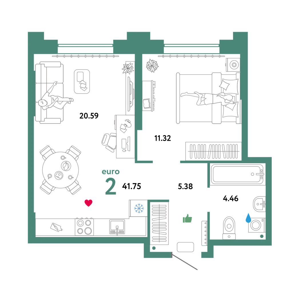 Планировка: Евродвушка 41,75 м²