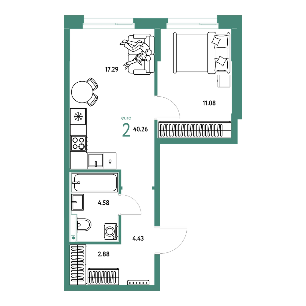 Планировка: Евродвушка 40,26 м²