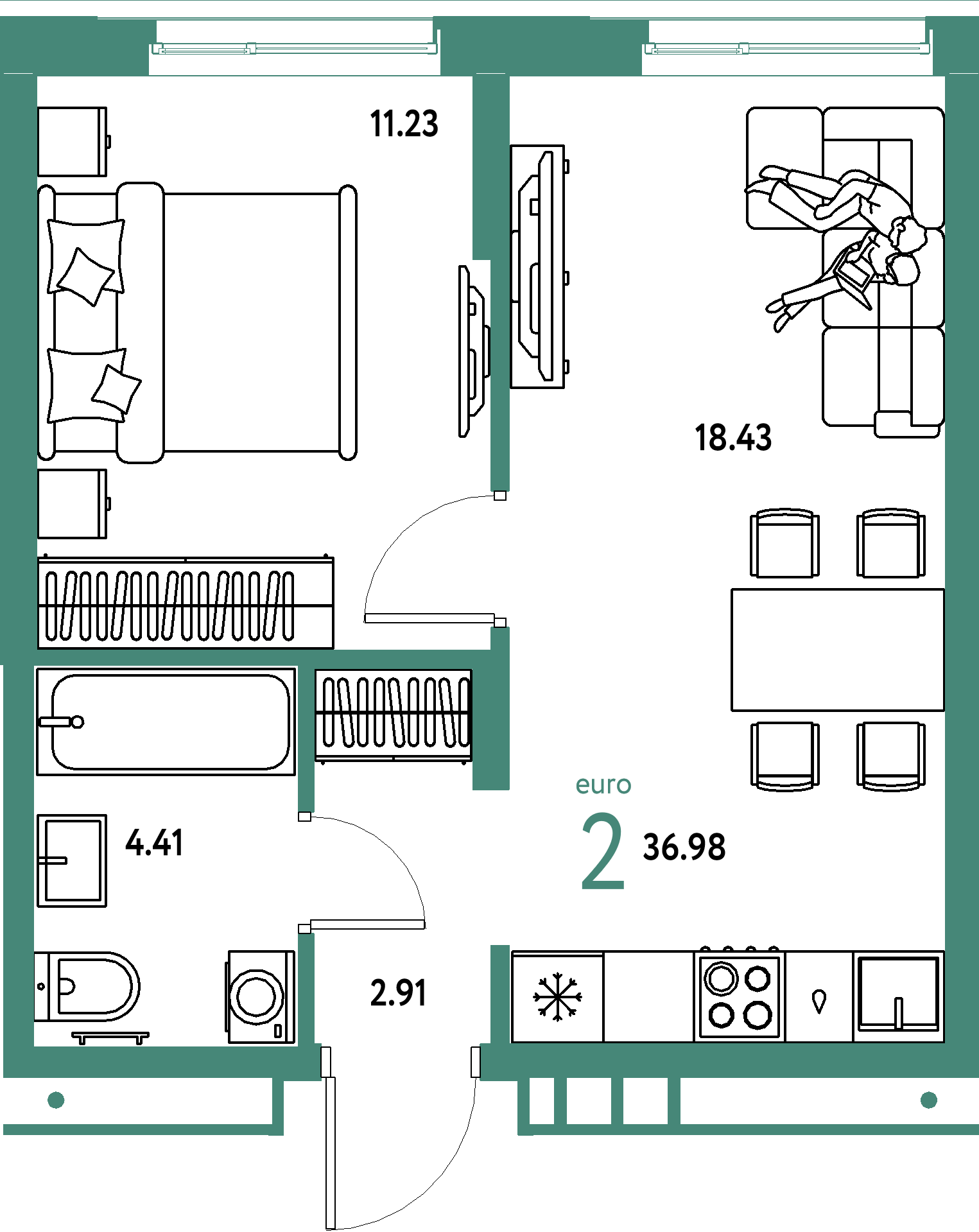 Планировка: Евродвушка 36,98 м² в ЖК «Домашний»