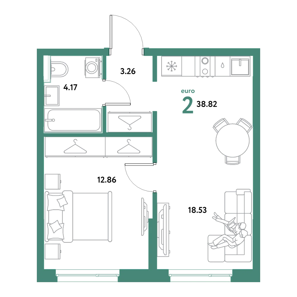 Планировка: Евродвушка 38,82 м²
