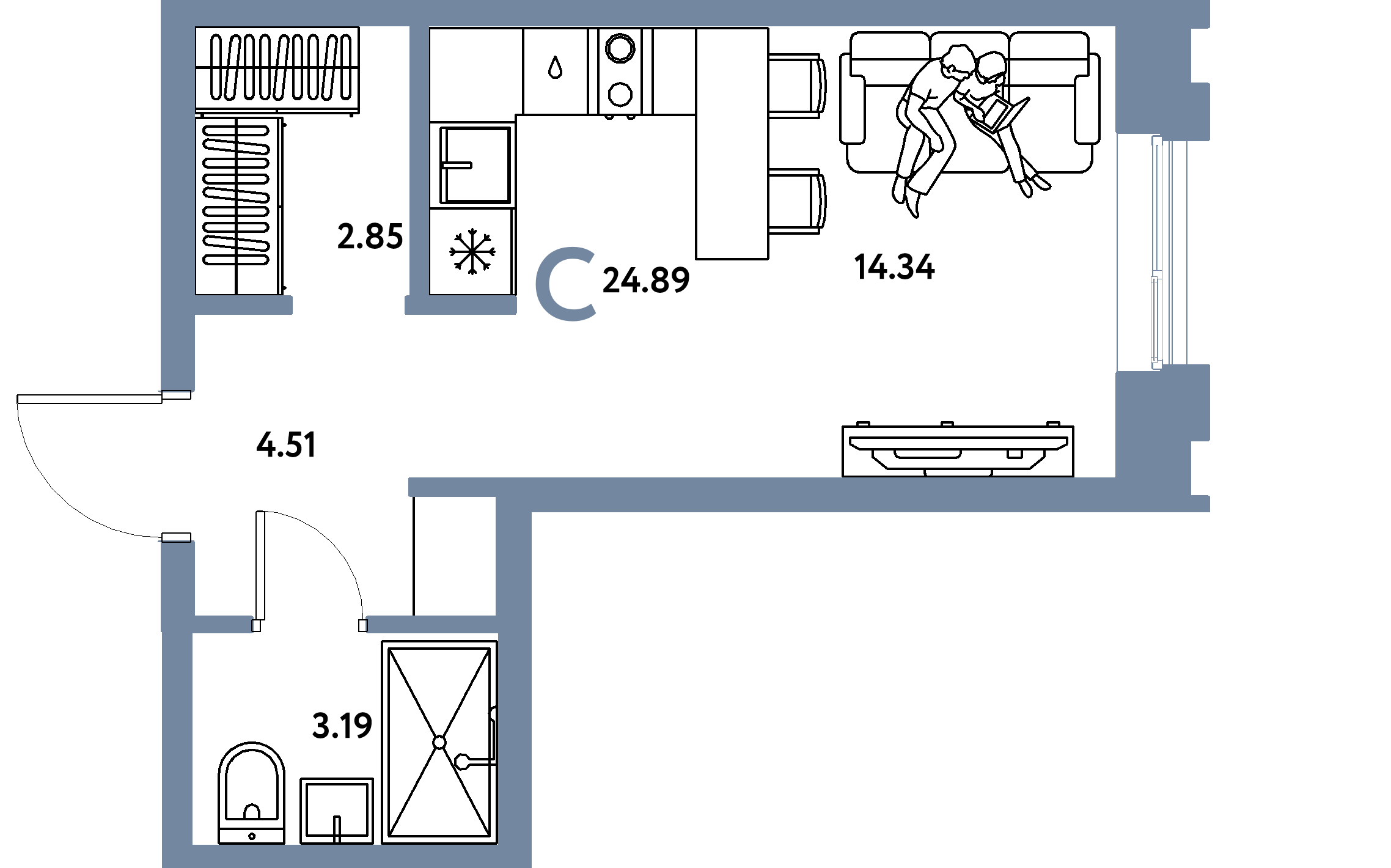 Планировка: Студия 24,89 м² в ЖК «Европейский берег 2.0»
