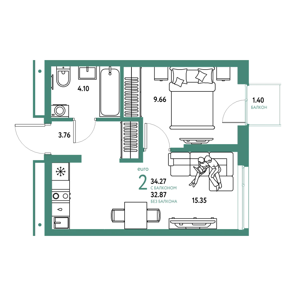 Планировка: Евродвушка 34,27 м²