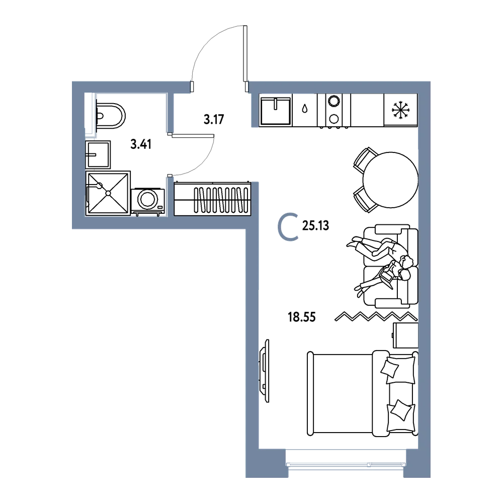 Планировка: Студия 25,13 м²