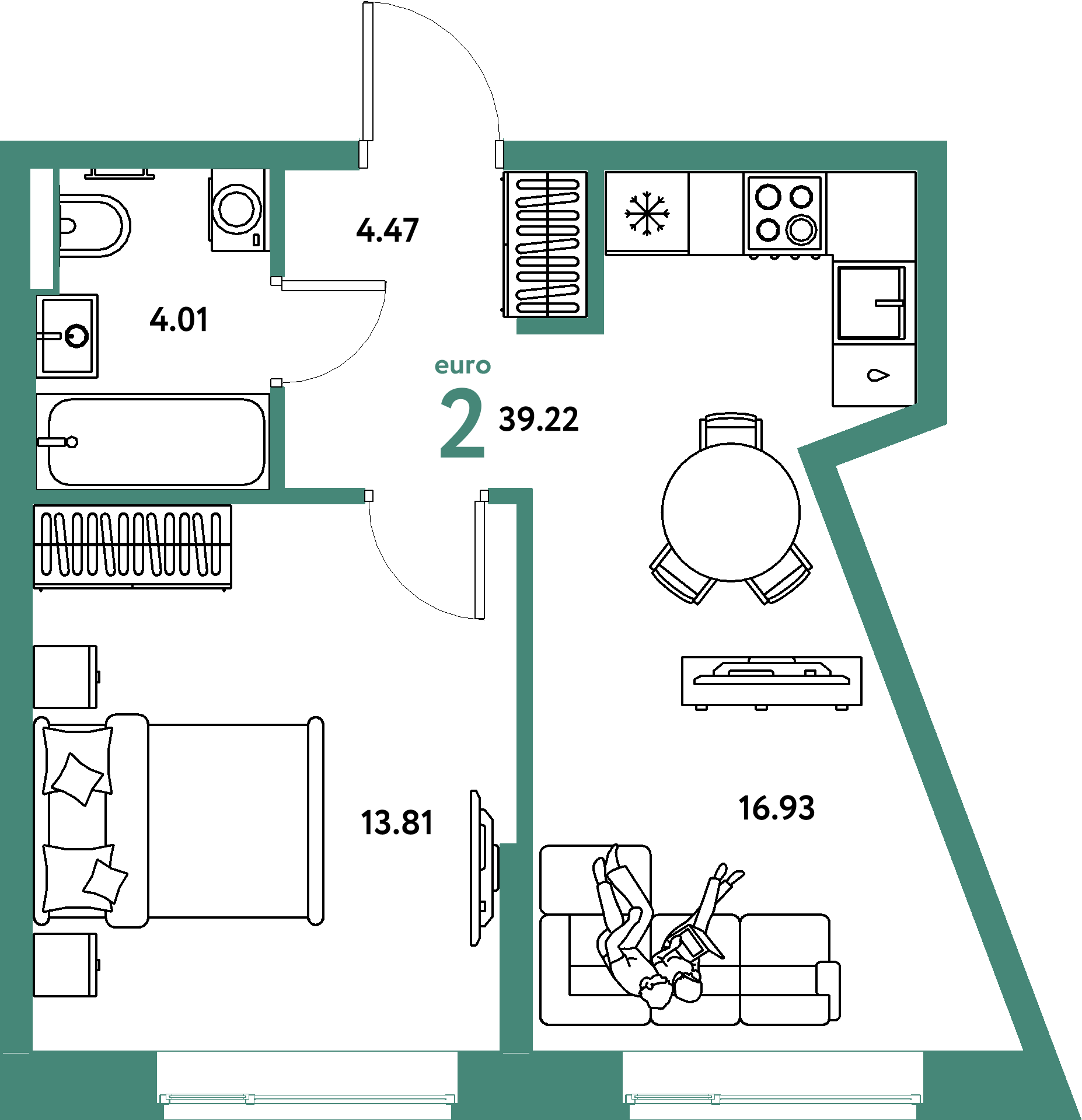 Планировка: Евродвушка 39,31 м² в ЖК «Авторский»