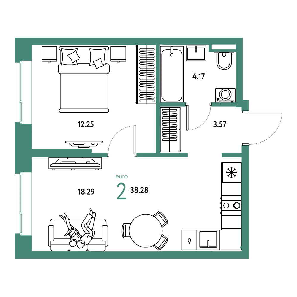 Планировка: Евродвушка 38,28 м²