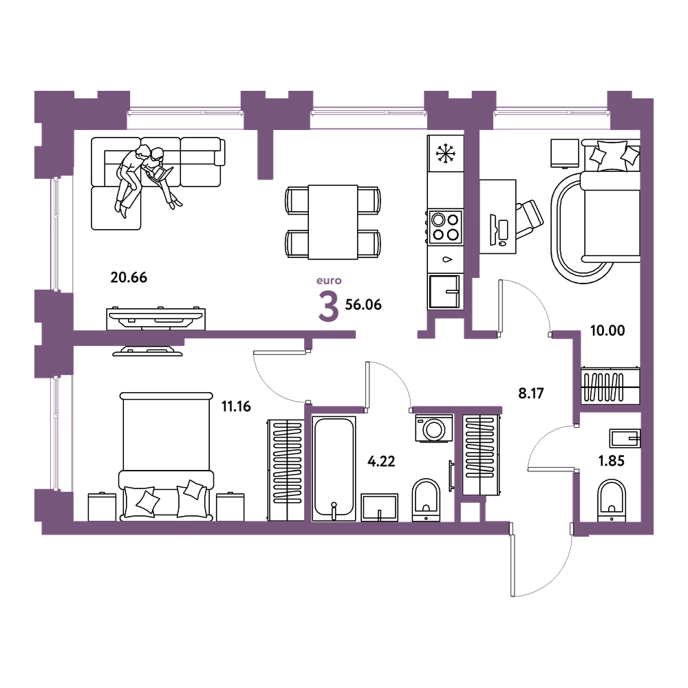 Планировка: Евротрёшка 56,06 м²