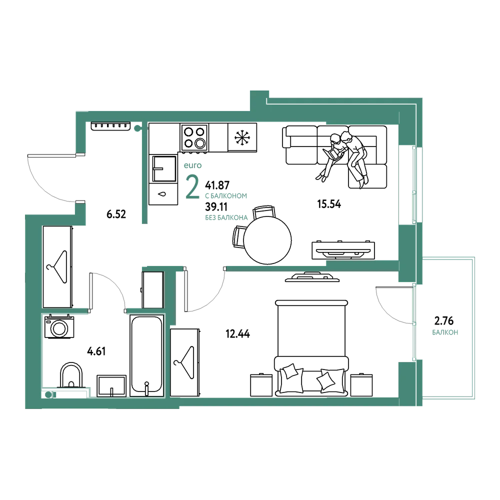 Планировка: Евродвушка 41,87 м²