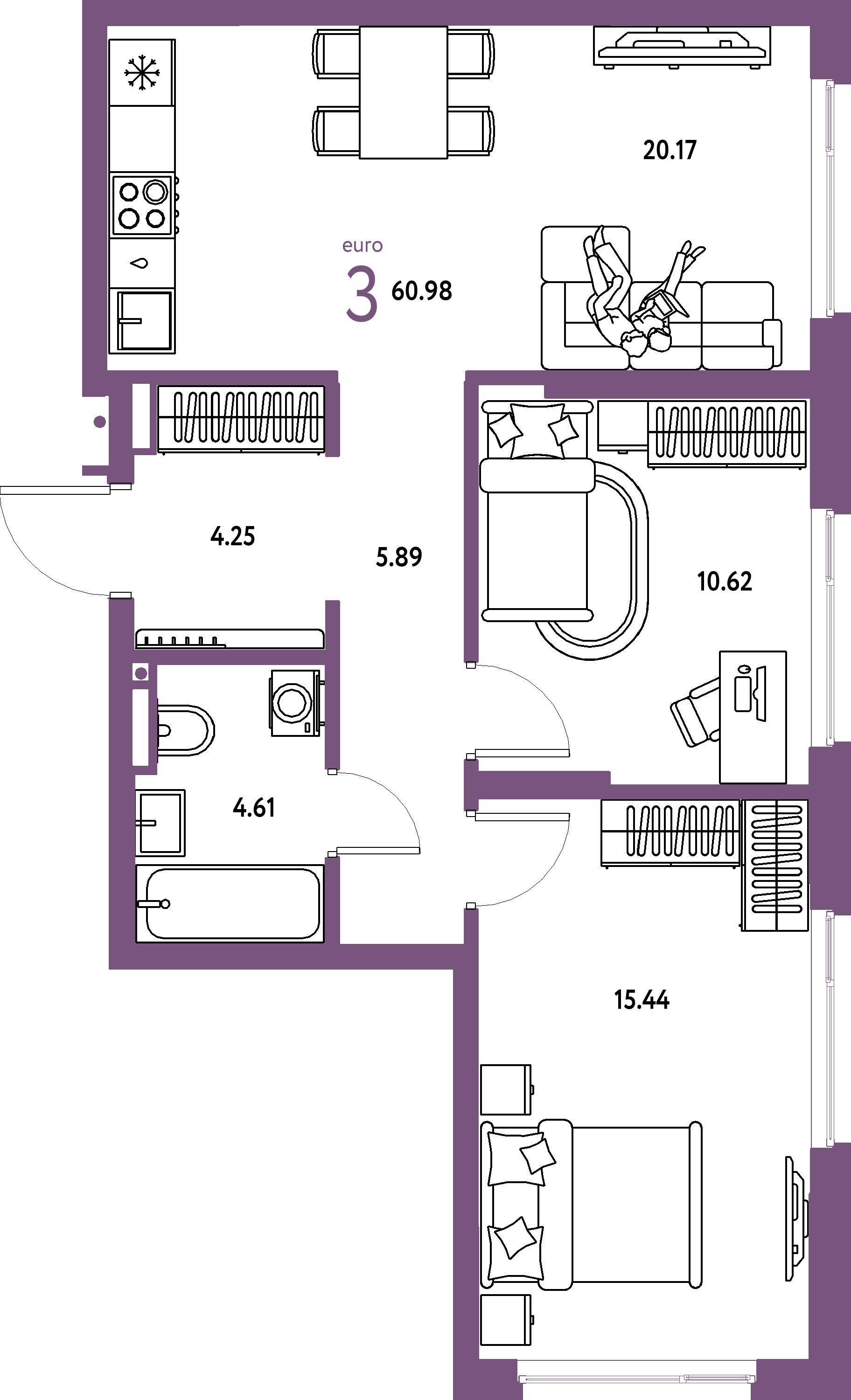 Планировка: Евротрёшка 60,98 м² в ЖК «Страна.Прибрежная»