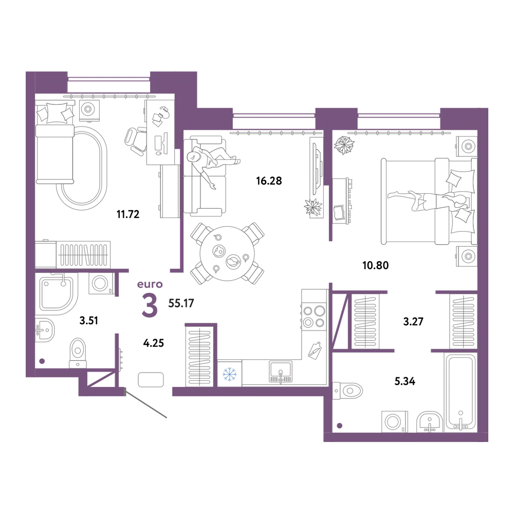 Планировка: Евротрёшка 55,17 м²