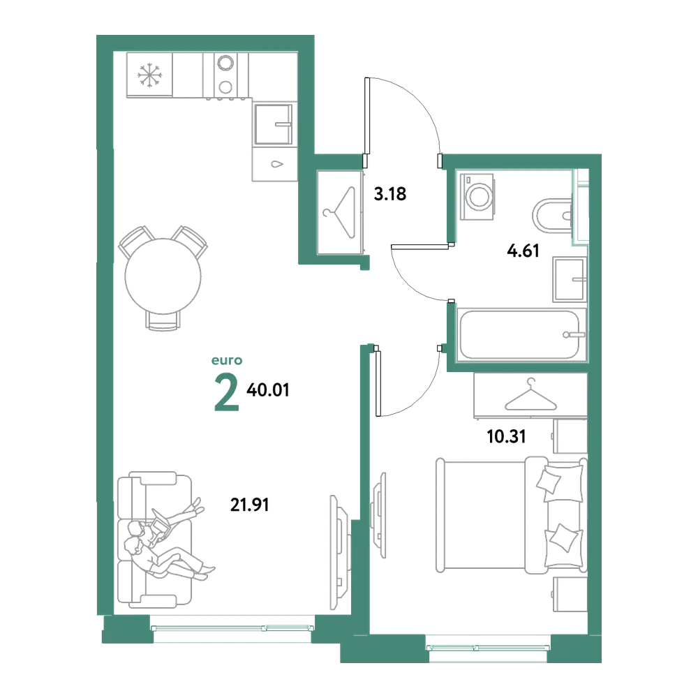 Планировка: Евродвушка 40,01 м²