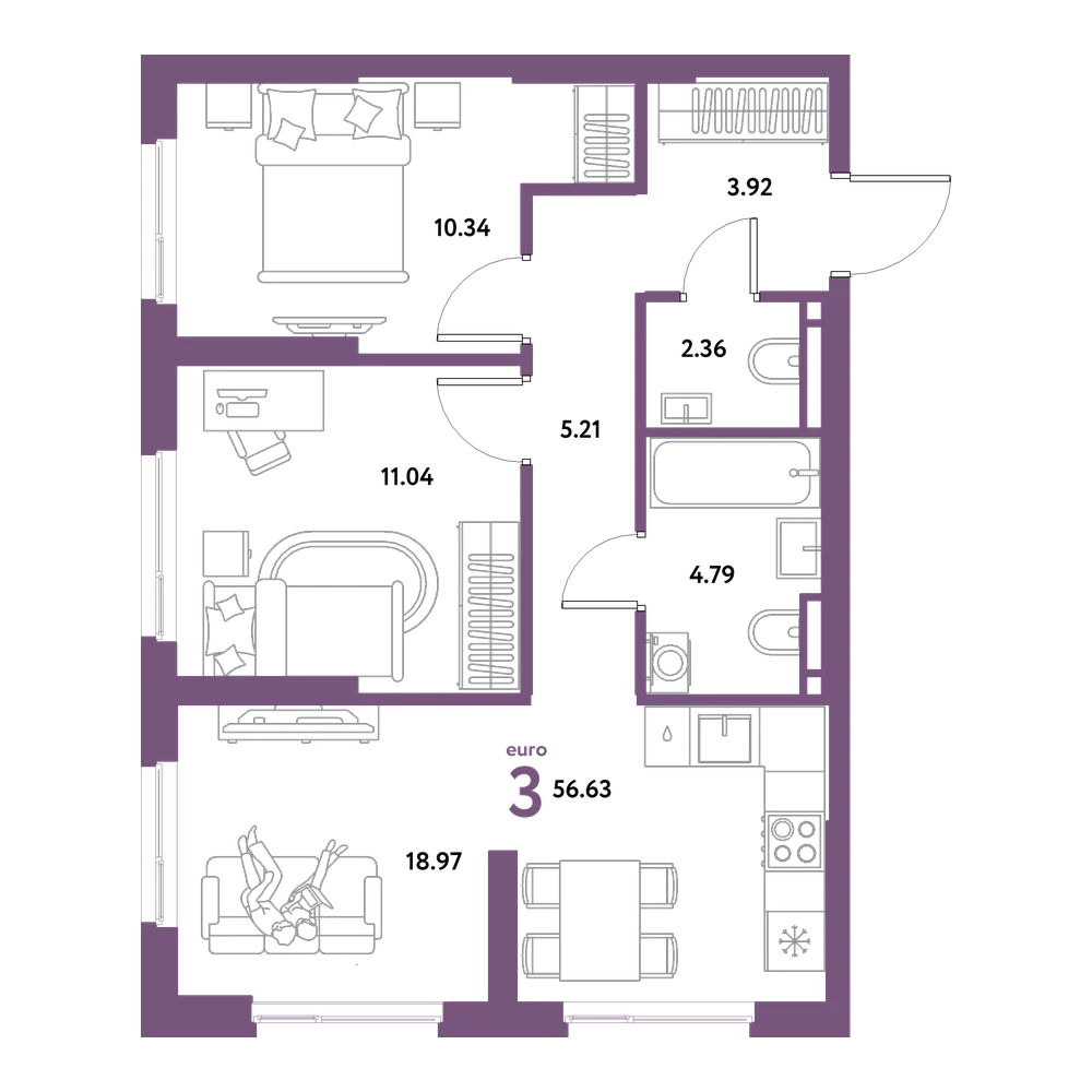 Планировка: Евротрёшка 56,63 м²