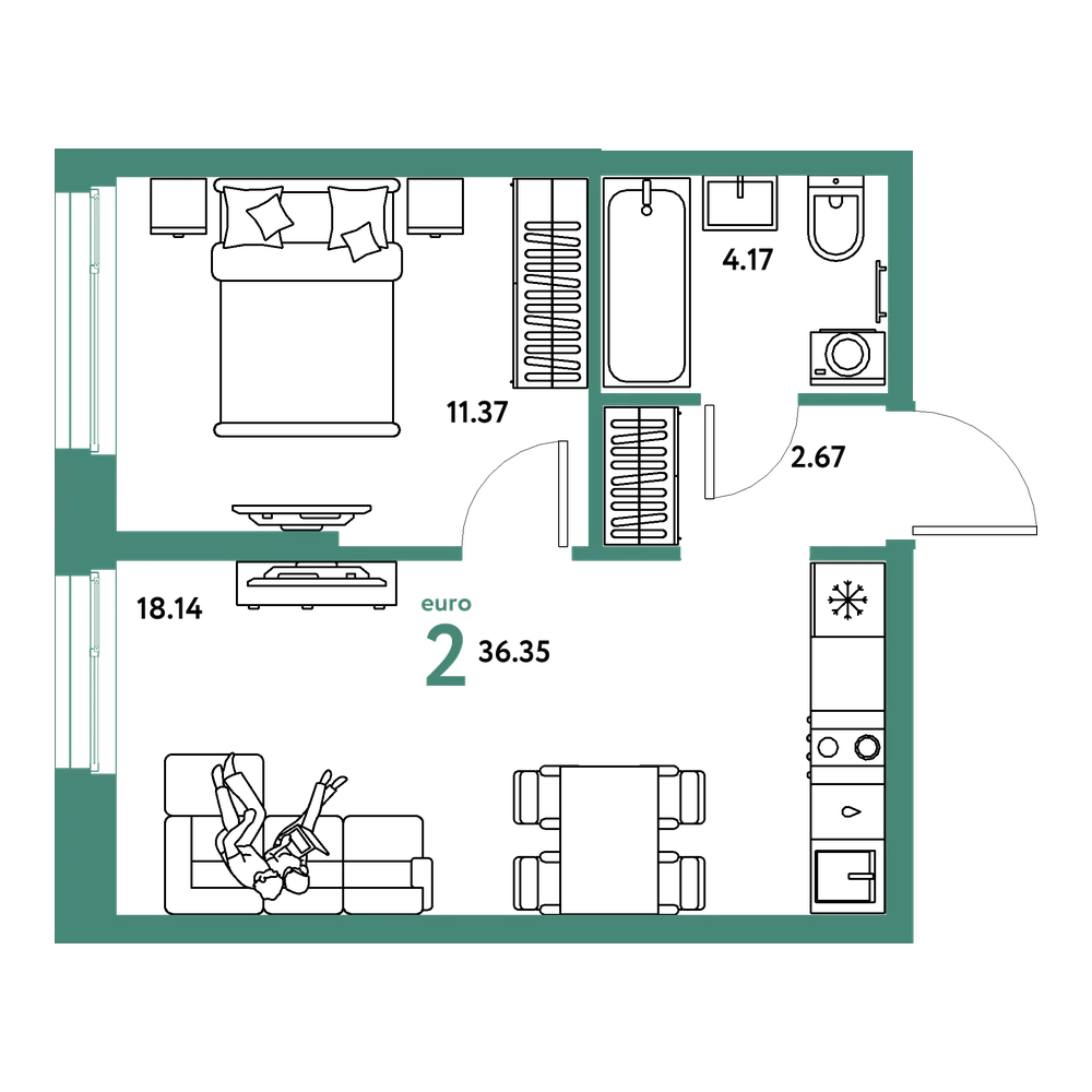 Планировка: Евродвушка 36,35 м²