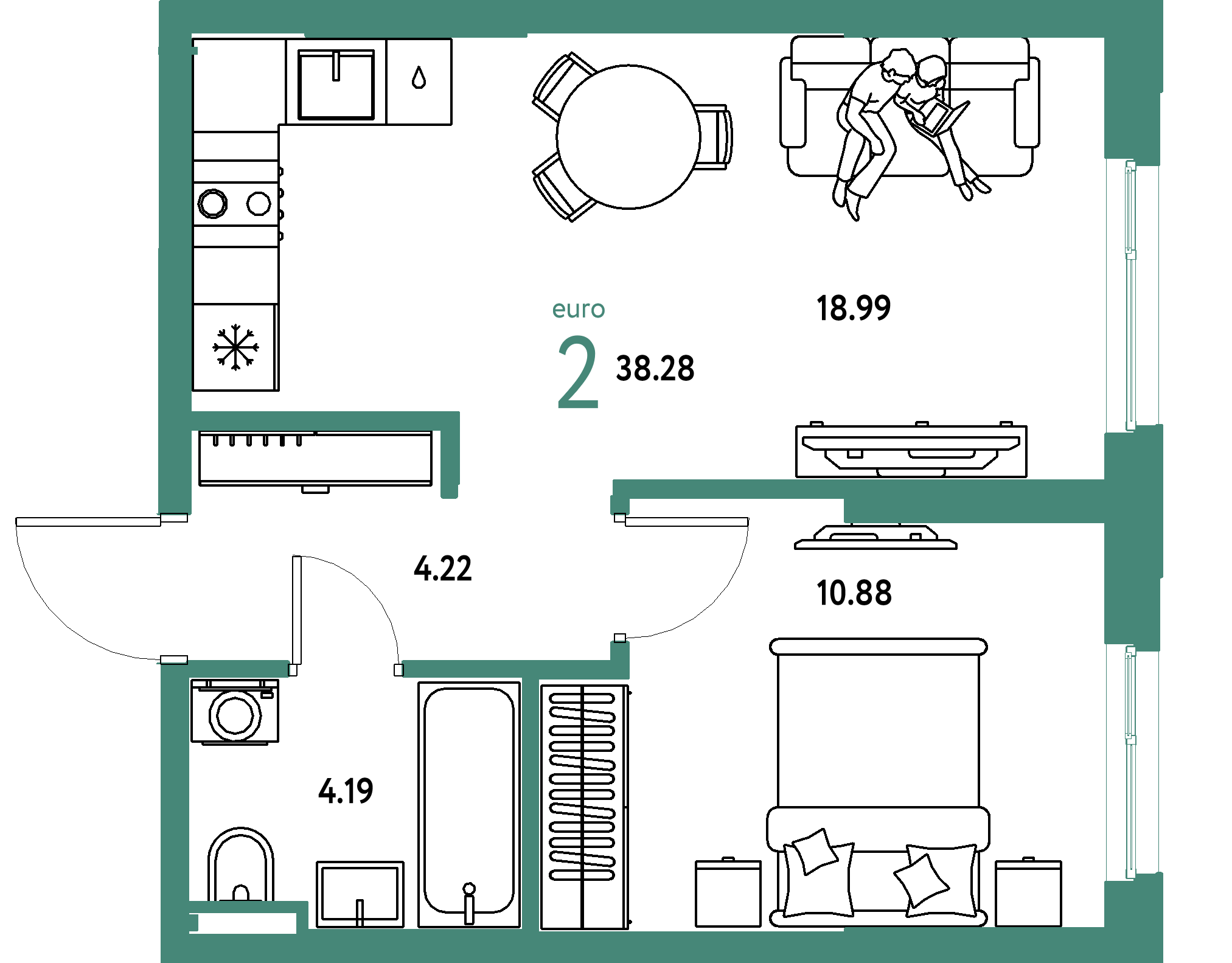 Планировка: Евродвушка 38,28 м² в ЖК «Остров-сад»