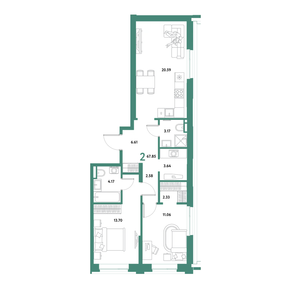 Планировка: 2-комнатная 67,85 м²