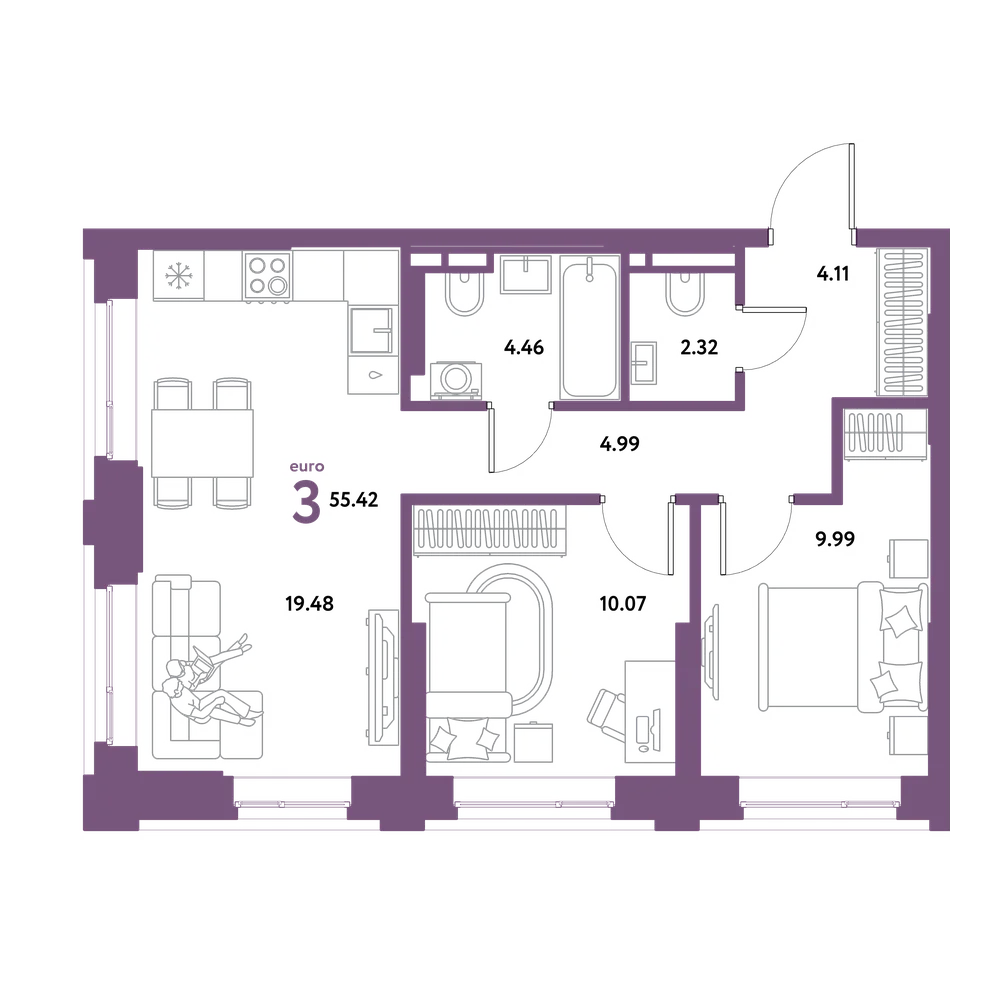 Планировка: Евротрёшка 55,42 м²