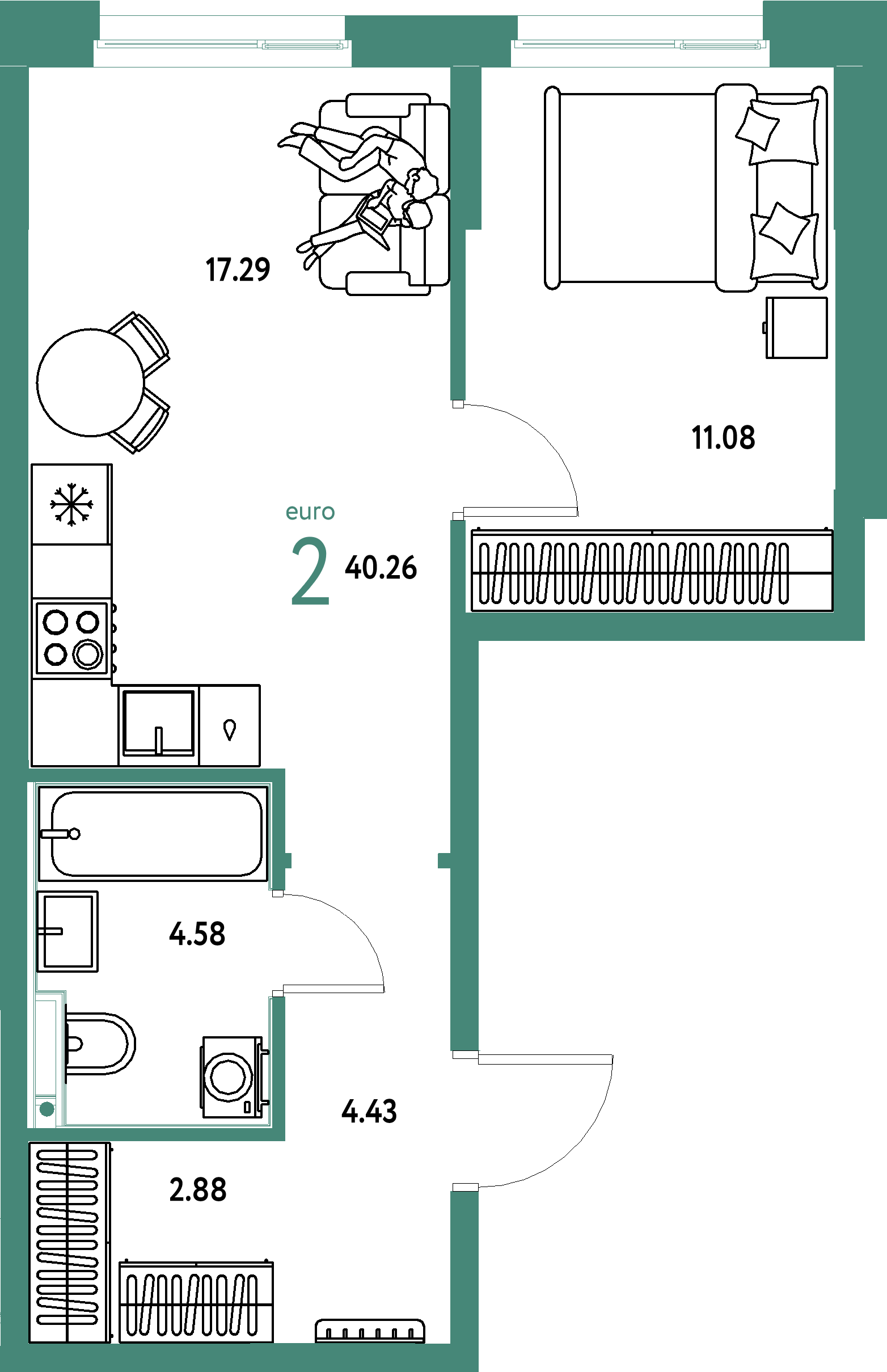 Планировка: Евродвушка 40,26 м² в ЖК «Домашний»