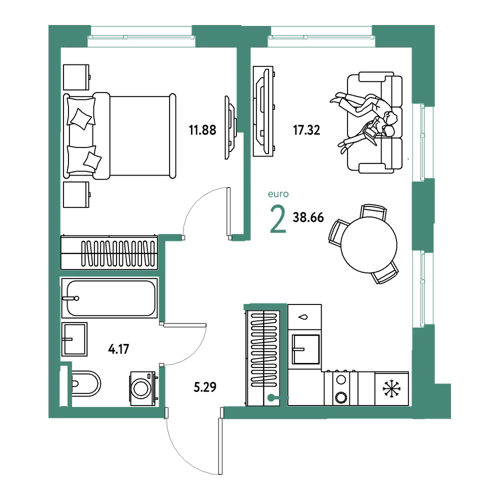 Планировка: Евродвушка 38,66 м²