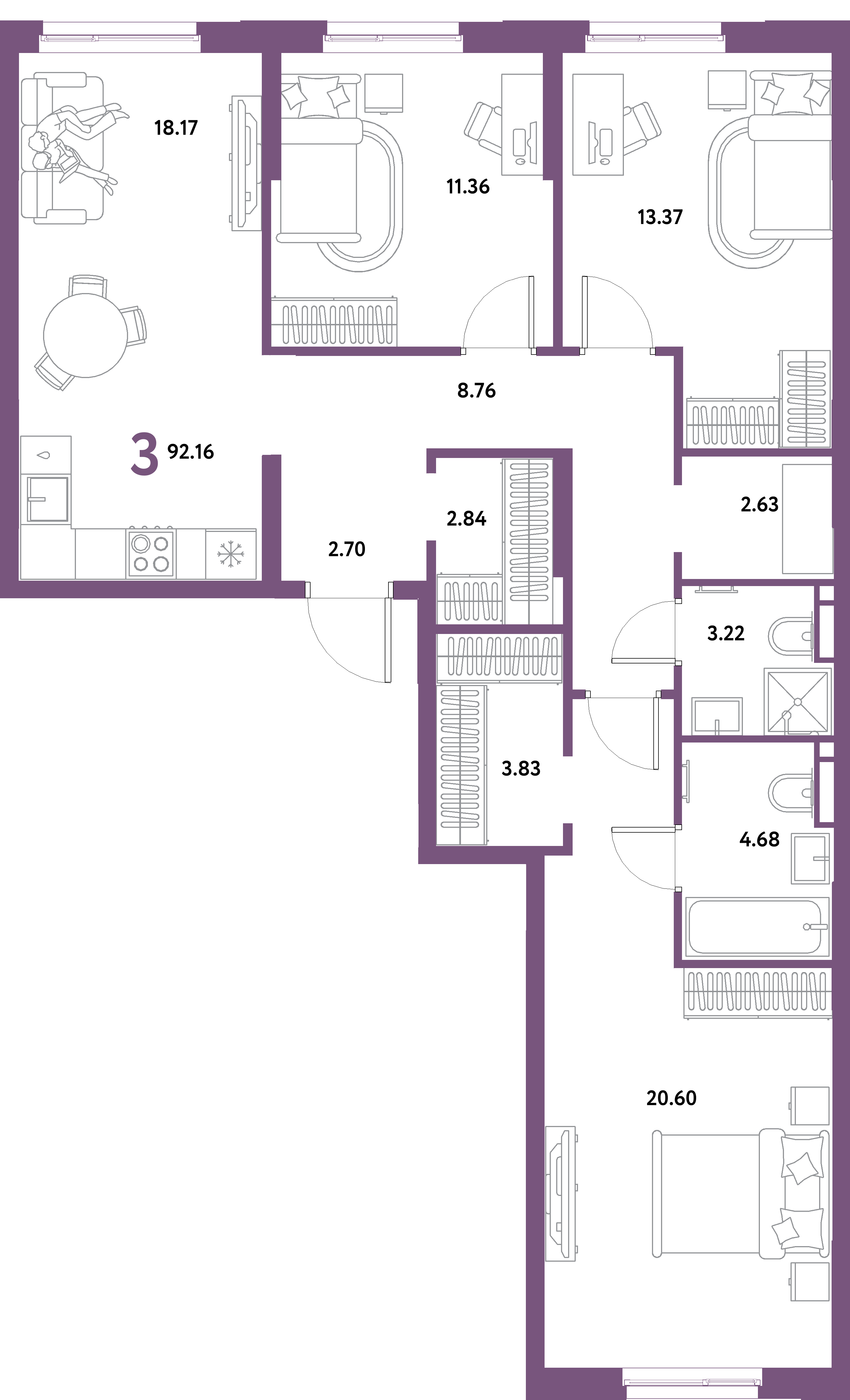 Планировка: 3-комнатная 92,16 м² в ЖК «Остров-сад»