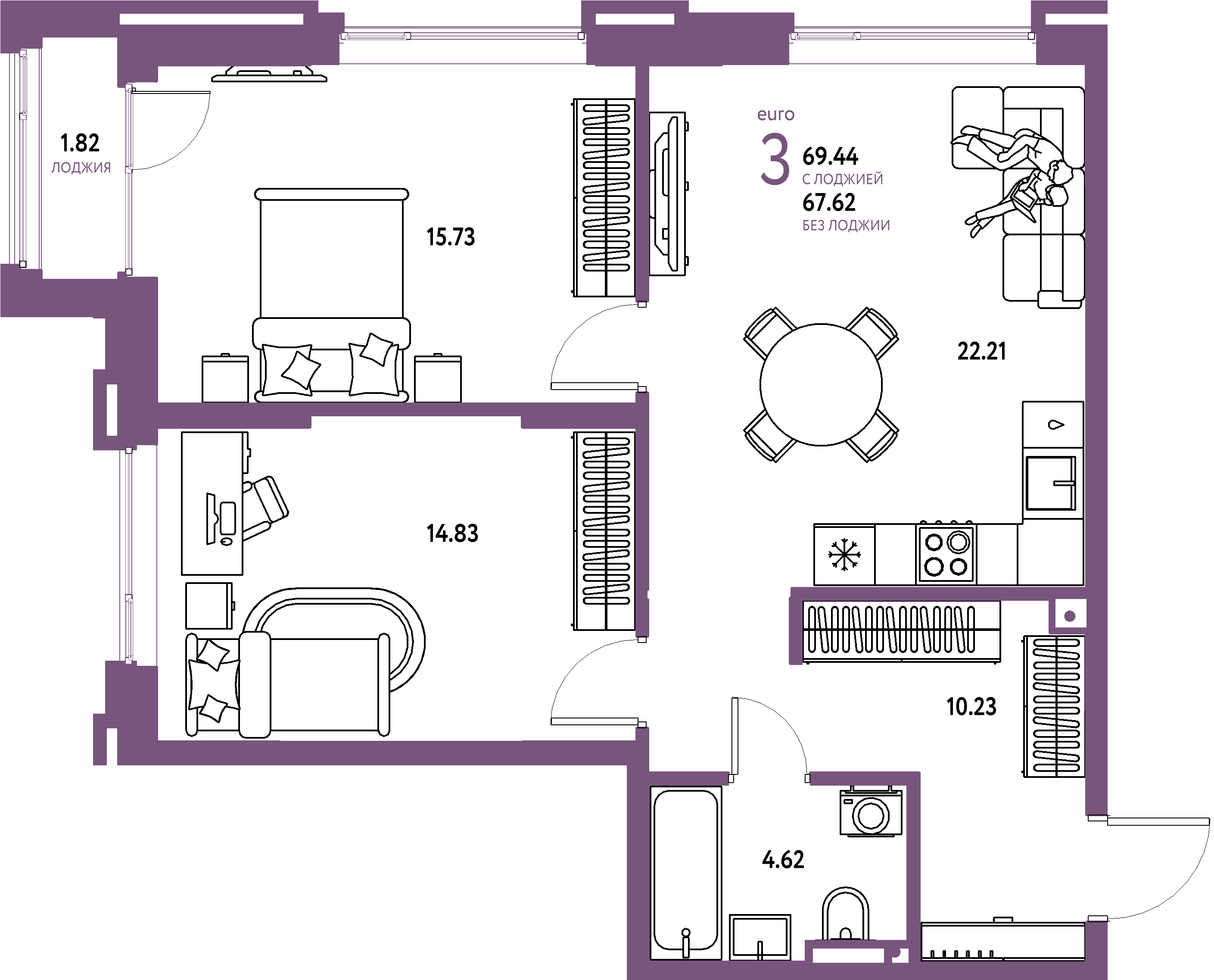 Планировка: Евротрёшка 69,44 м² в ЖК «Страна.Прибрежная»