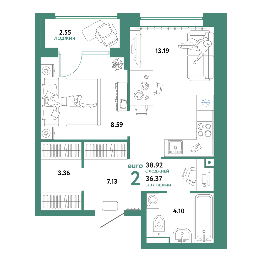 Планировка: Евродвушка 38,92 м²