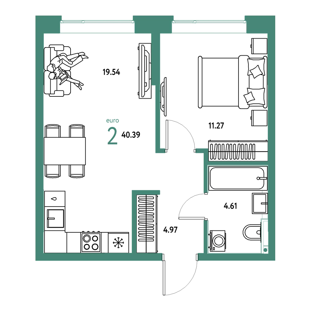 Планировка: Евродвушка 40,39 м²