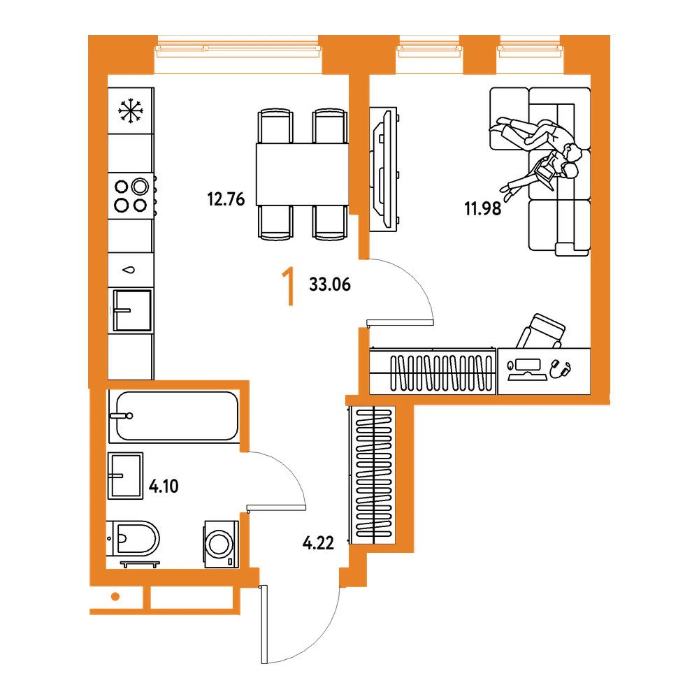 Планировка: 1-комнатная 33,06 м²
