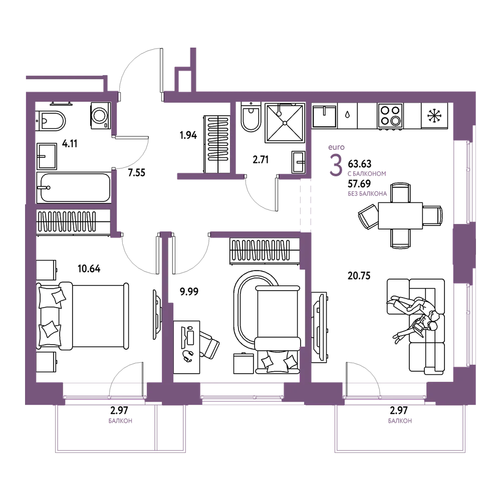 Планировка: Евротрёшка 63,63 м²