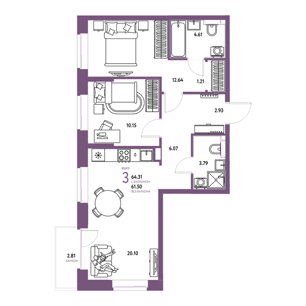 Планировка: Евротрёшка 64,31 м²