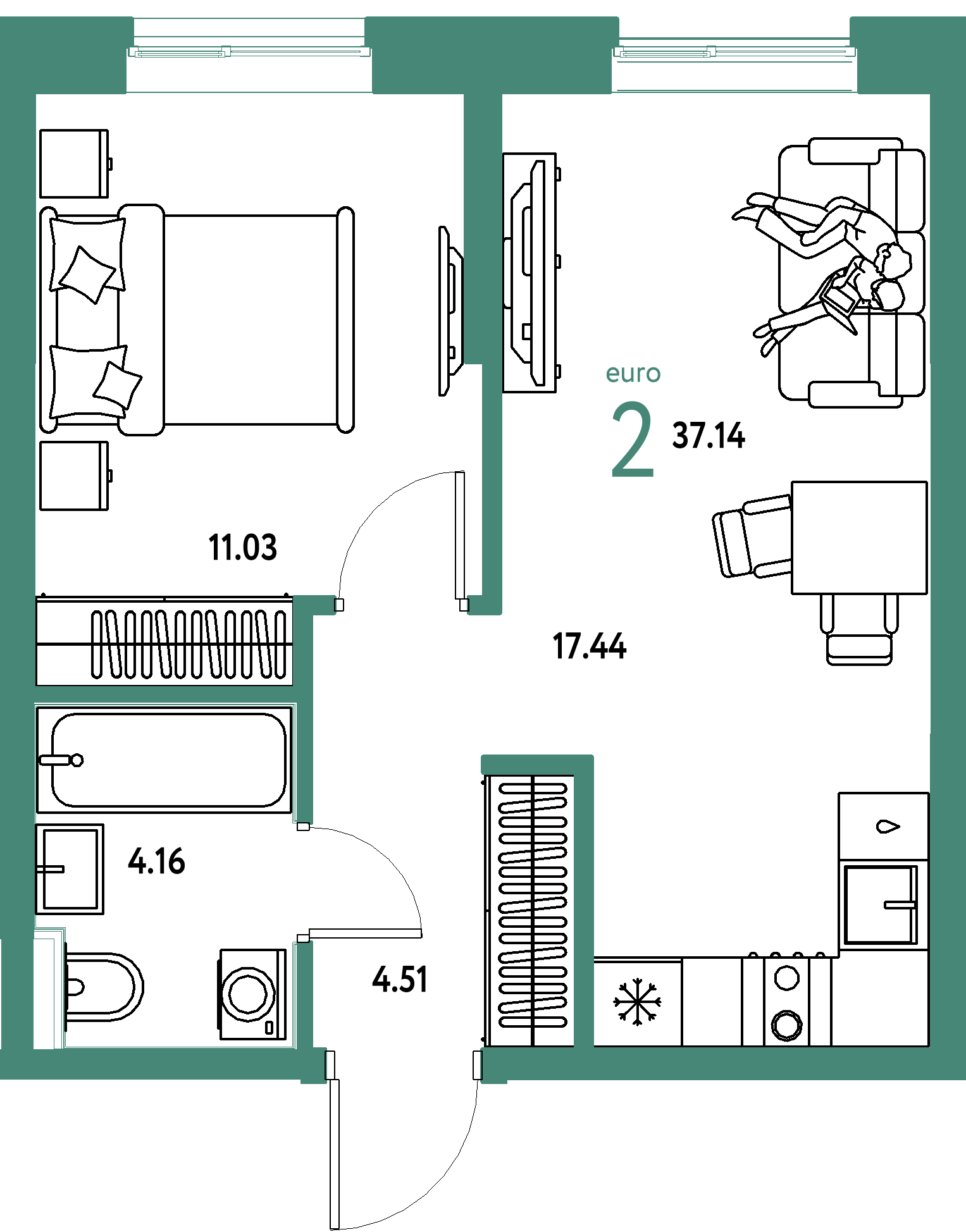 Планировка: Евродвушка 37,14 м² в ЖК «Остров-сад»