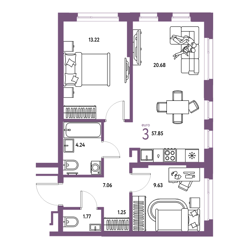 Планировка: Евротрёшка 57,85 м²