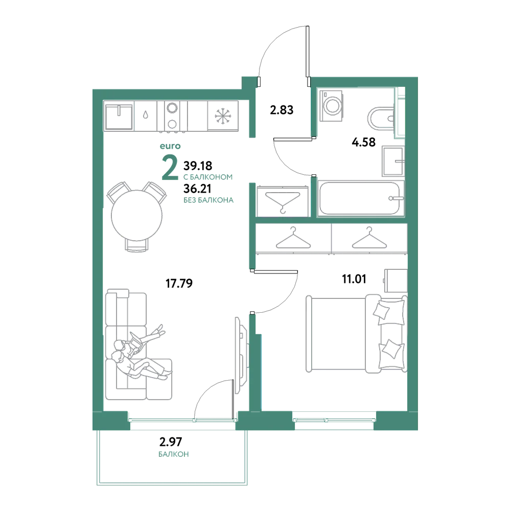 Планировка: Евродвушка 39,18 м²