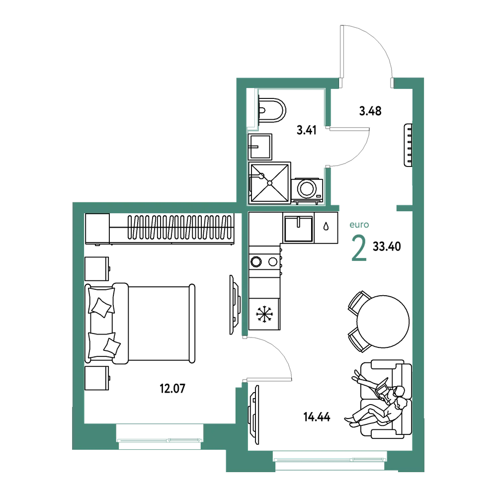 Планировка: Евродвушка 33,4 м²